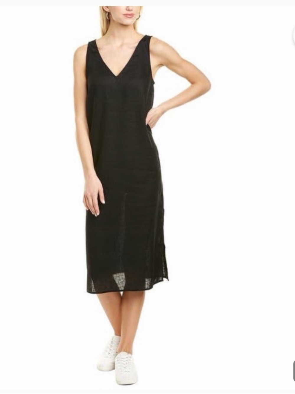 Madewell Black Linen Cotton Blend Sleeveless V-Neck Midi Dress